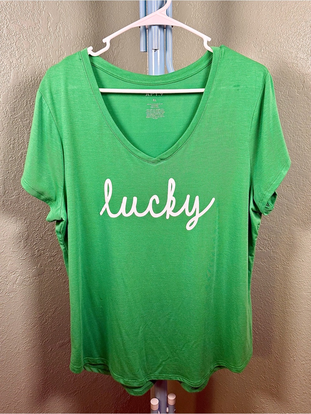 Apt. 9 Green V-Neck Tee with "lucky" Script